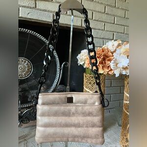 THINK ROLYN Quilted Metallic Beige/Gold Shoulder Bag with Black Chain
